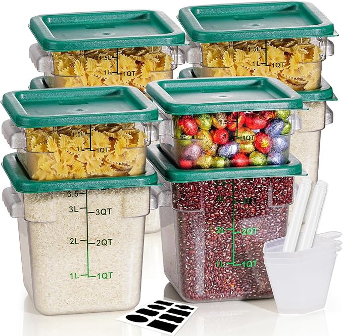 2QT4QT NSF Food Storage Containers: 8 PCS [Food Grade][Hot&Cold Resistant] Commercial Clear Square Food Storage Containers with Scales Handles for Home Restaurant Kitchen Proof Dough(BPA FREE-GREEN)