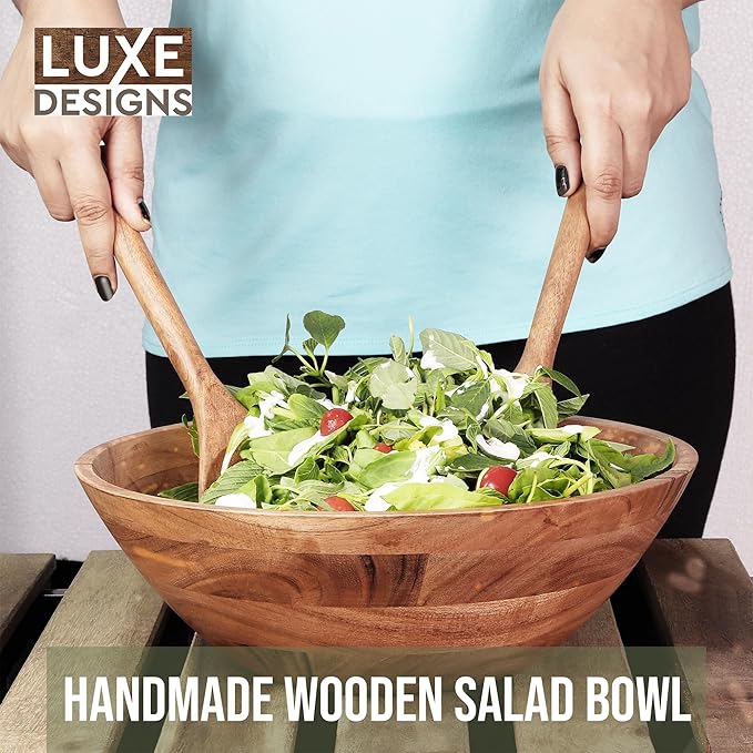 Luxe Designs Wooden Salad Bowl Set - Food Safe & Sustainable Decorative Bowl - Wood Bowl for Fruits, & Salads - Easy to Clean Large Salad Bowls Set w/Spoon, Fork – Wooden Bowls for Food (Natural)