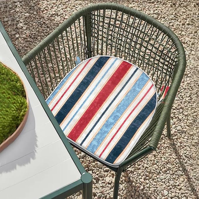 Set of 2 Outdoor Chair Cushions 19"x19"x2",Water Repellent Dining Seat Cushion with Ties and Removable Covers, Chair Cushions for Indoor and Patio Furniture, Stripe Red Blue