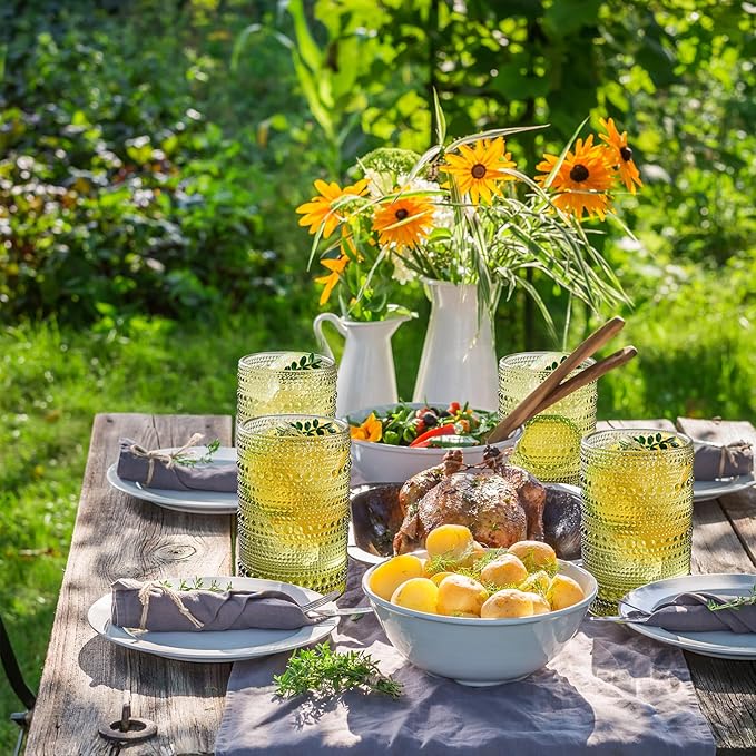 Set of 8 Hobnail Drinking Glasses Vintage Green Glassware - 4 Highball Glasses 14 oz, 4 Rocks Glass Cup 11 oz, Embossed Old Fashioned Glassware for Water, Wine, Beer, Juice, Mixed Drinkware