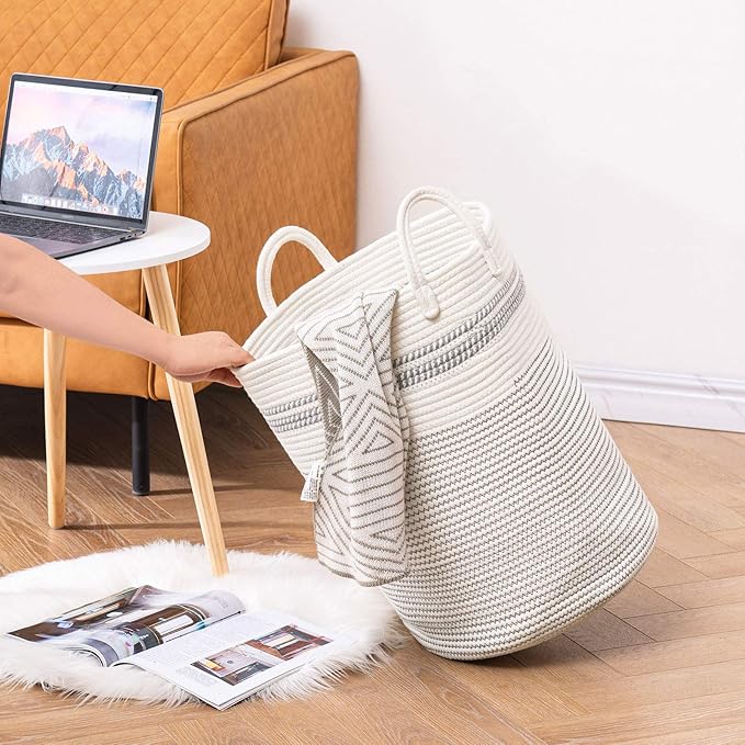 Woven Rope Laundry Hamper Basket, 58L Tall Luandry Basket, Baby Nursery Hamper for Blanket Storage, Clothes Hamper for Laundry in Bedroom-Large-Stripe White