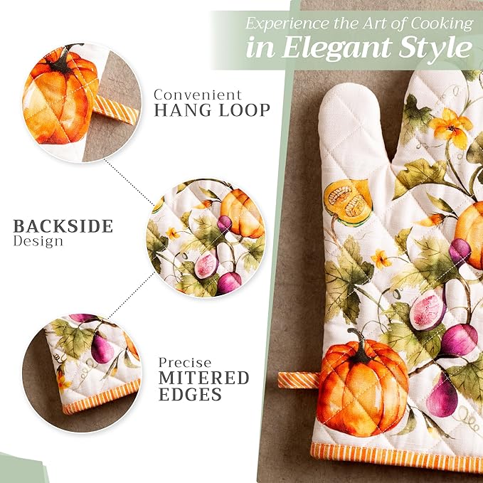 Maison d' Hermine 100% Cotton Oven Mitt & Pot Holder Set (7.5"x13" & 8"x8") Heat Resistant BBQ Cooking Gloves with Loop for Christmas Decorations Handling Hot Pans (Pumpkin Garden - Cloudy Cream)