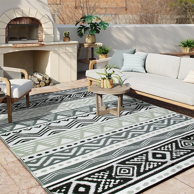 Lahome Outdoor Rug Waterproof, 6x9 Reversible Outdoor Plastic Straw Rug for Camping, RV Patio Rugs Large Carpet for Porch Deck Backyard Balcony Picnic(Grey/Black,6'x 9')