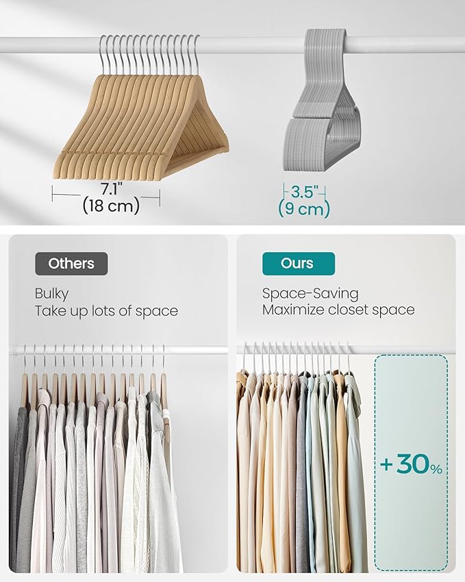 SONGMICS Clothes Hangers, Pack of 50, Plastic Hangers, with Wide Shoulder Notches, Space-Saving Coat Hangers, 16.4 Inches Wide, for Closet, Gray UCRP010G01