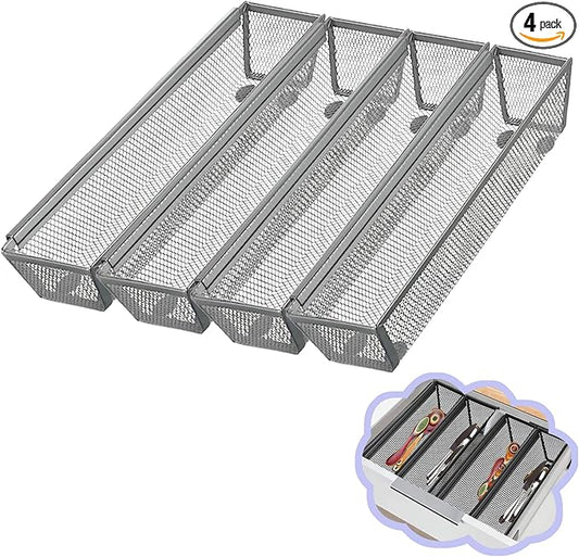 4PCS Drawer Organizer, Mesh Drawer Organizer with Interlocking Arm for Utensil, Cosmetic, Flatware, Pen (12 * 3 * 2 Inches, Grey)