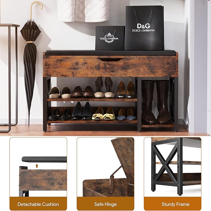 Shoe Bench, Lift Top Shoe Storage Bench, Adjustable Shelf Entryway Bench, Metal and Wood Shoe Rack Organizer with Cushion for Entry, Closet, Living Room, Bedroom, Hallway (Brown, 39.5“W)