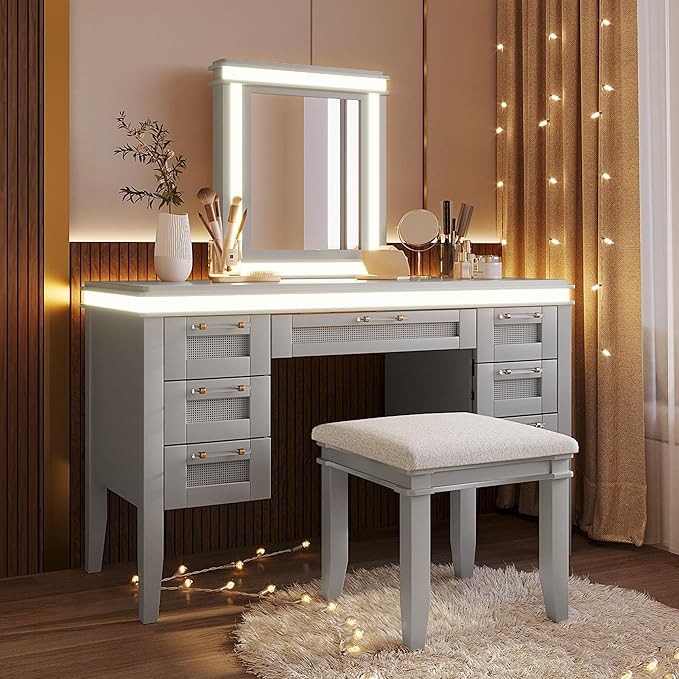 Merax 48" Vanity Desk with Mirror and Lights, Makeup Vanity with 7 Drawers and Cushioned Stool, Classic Finish Dressing Table with Hollow Design Drawer for Bedroom, Rubber Wood Legs, Grey-Blue