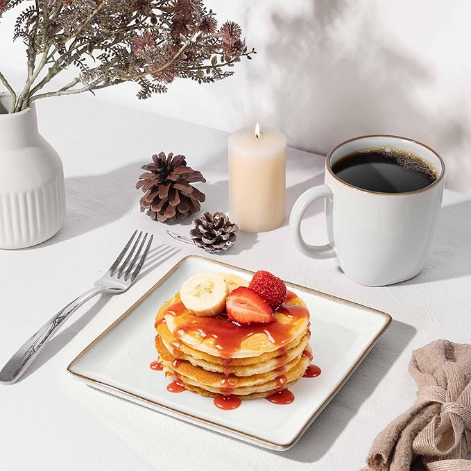 Herogo 12 Pieces Square Stoneware Dinnerware Dishes Set for 4, Handmade Dining Plates and Bowls Sets, Double Reactive Glaze, Microwave & Dishwasher Safe, Scratch Resistant, Ivory White