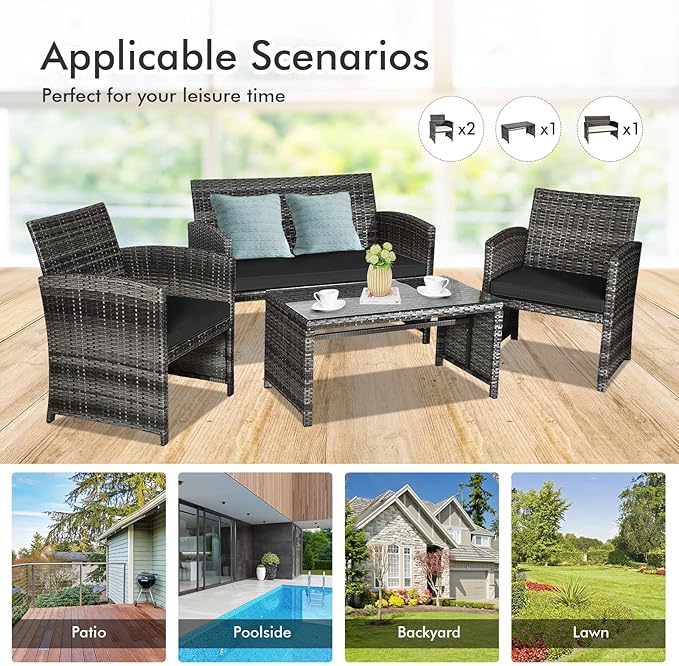 Goplus 4-Piece Rattan Patio Furniture Set, Outdoor Wicker Conversation Sofa with Weather Resistant Cushions and Tempered Glass Tabletop for Lawn Backyard Pool Garden (Black)