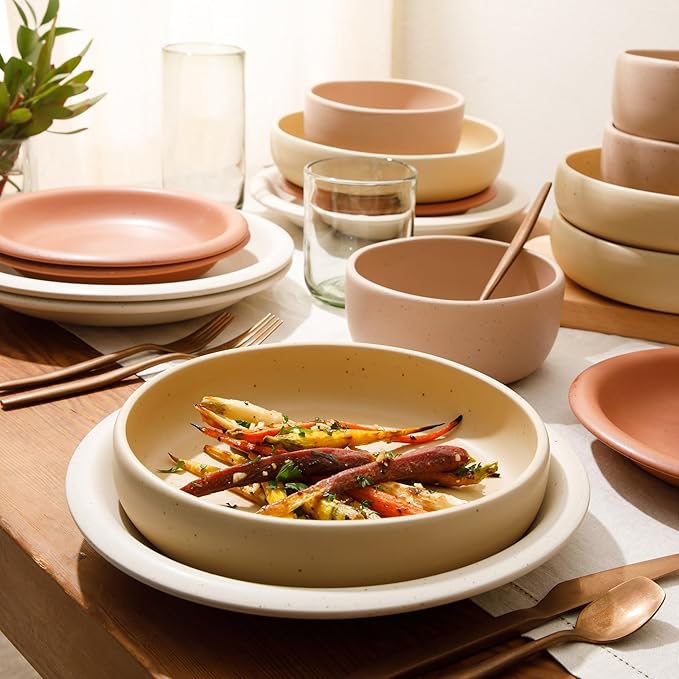 Bloomhouse Corsica Clay 16 Piece Stoneware Rustic Reactive Glaze Dinnerware Set - Stackable Plates and Bowls Set. Service for 4 - Matte Assorted Colors