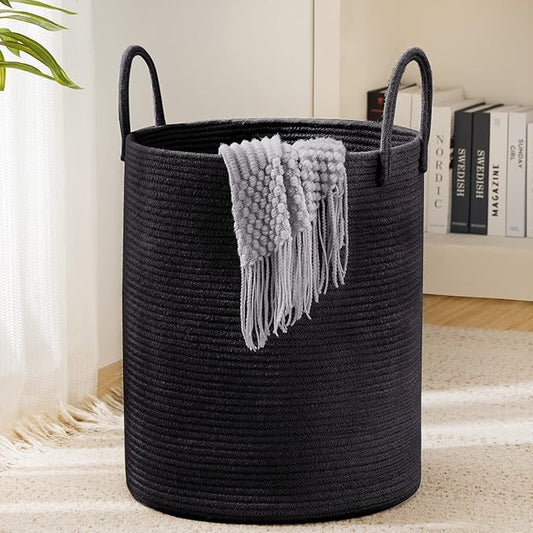Woven Rope Laundry Hamper Basket, 72L Tall Luandry Basket, Baby Nursery Hamper for Blanket Storage in Bedroom-Large- Black
