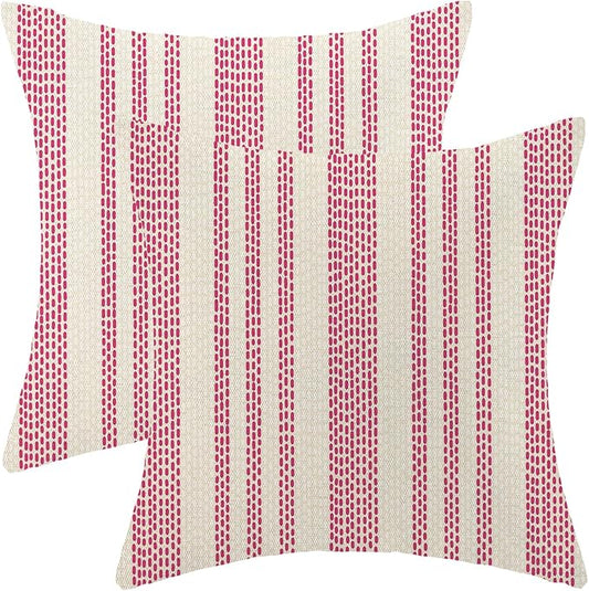 Boho Pillow Covers 18x18 Pack of 2 Hot Pink Polka Dot Stripes Throw Pillow Covers Bohemian Abstract Modern Decorative Pillowcase Farmhouse Linen Cushion Case for Home Couch,Outdoor Decoration