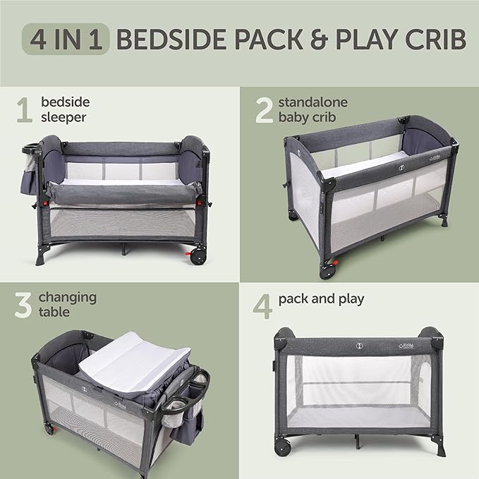 4-in-1 Baby Bassinet - Bedside Crib Sleeper, Pack and Play, Diaper Changing Table & Travel Bassinet - Portable Bassinet for Newborn To Toddlers - Travel Bag Included