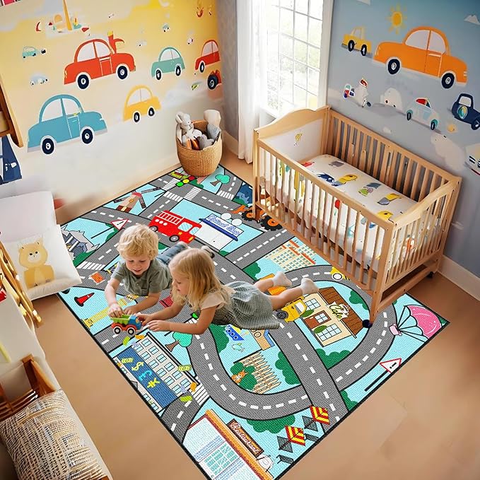 Car Rugs for Kids Toy Cars - City Life Car Road Rug for Playroom Car Track Rug Car Carpet for Kids Boys Girls Living Room Bedroom Classroom, 4'5''×6'