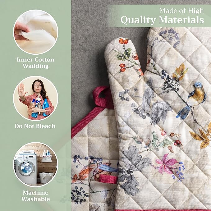 Maison d' Hermine 100% Cotton Oven Mitt & Pot Holder Set (7.5"x13" & 8"x8") Heat Resistant BBQ Cooking Gloves with Loop for Thanksgiving Christmas Decorations Handling Hot Pans (Equinoxe - Beige)