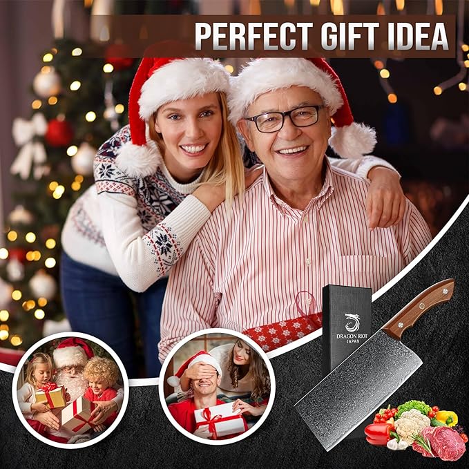 DRAGON RIOT Damascus Cleaver Knife 10 inch, VG10 Damascus Knife for Meat Cutting, Butcher Knife with Wood Handle for Chopper Vegetables Razor Sharp Chooping Knife, Premium Gift Box