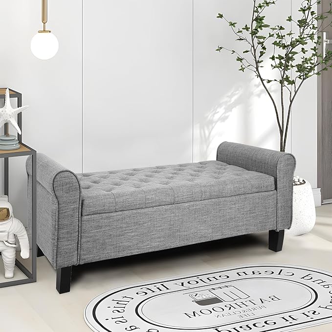 Storage Ottoman Bench with Arms, End of Bed Bench for Bedroom, Button Tufted for Entryway, Living Room,Hallway (Light Grey)