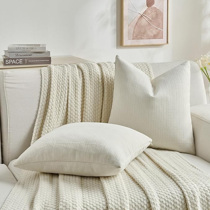 FUTEI Cream White Decorative Throw Pillow Covers 20x20 Inch Set of 2,Soft Cozy Wheat Ear Striped Patterns Cushion Cases,Modern Home Decor for Couch Bed Living Room