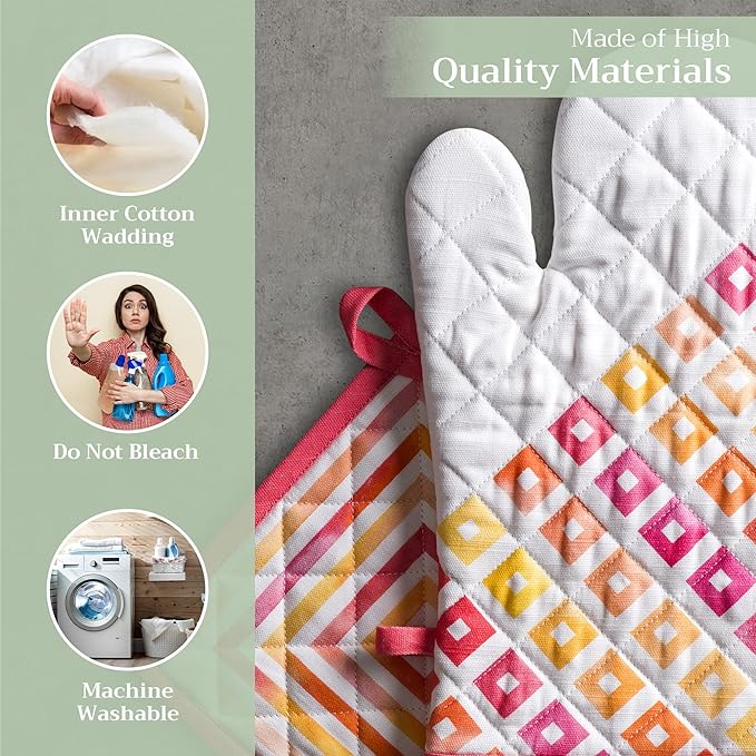 Maison d' Hermine 100% Cotton Oven Mitt & Pot Holder Set (7.5"x13" & 8"x8") Heat Resistant BBQ Cooking Gloves with Loop, Baking, Grilling, Kitchen, Handling Hot Pans Spring/Summer (Summer Maze)