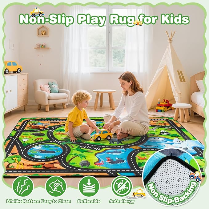 Kids Rug, 5' x 7' FT Animal Car Rugs for Kids Toy Cars, Extra Thick (0.4in) - Non-Slip Zoo Road Mat Carpet for Playroom & Bedroom, Educational Learning & Game Area