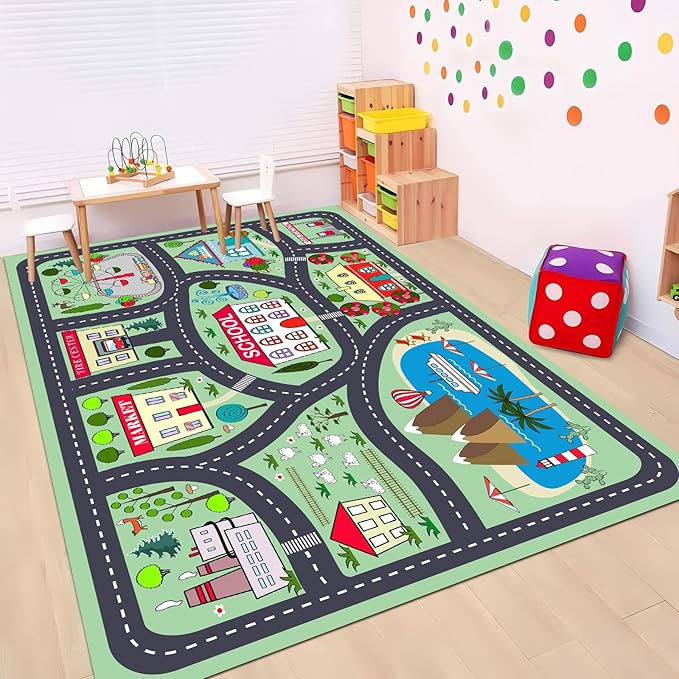 Kids Playmat Car Rug, Kids Play Rugs Town City Road Map Rug, Large Educational Car Mat, Boys Track Play Mat, Kid Rugs for Playroom Bedroom Living Room (Style 2, 59X 39.4 INCH)