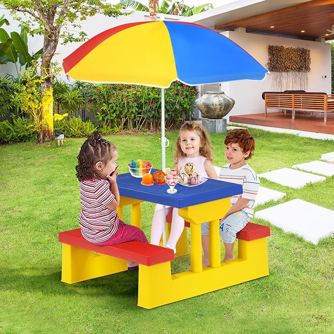 DORTALA Kids Picnic Table, Outdoor Toddler Table and Bench Set with Removable Umbrella, Plastic Kids Activity Table Set for Backyard, Garden, Nursery, Gift for Boys Girls Age 3+, Colorful