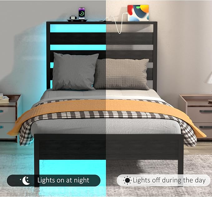 Twin Bed Frame with Headboard, Platform Bed with LED & Charging Station, Heavy Duty Metal Slats, No Box Spring Needed, Noise Free, Easy Assembly, Black