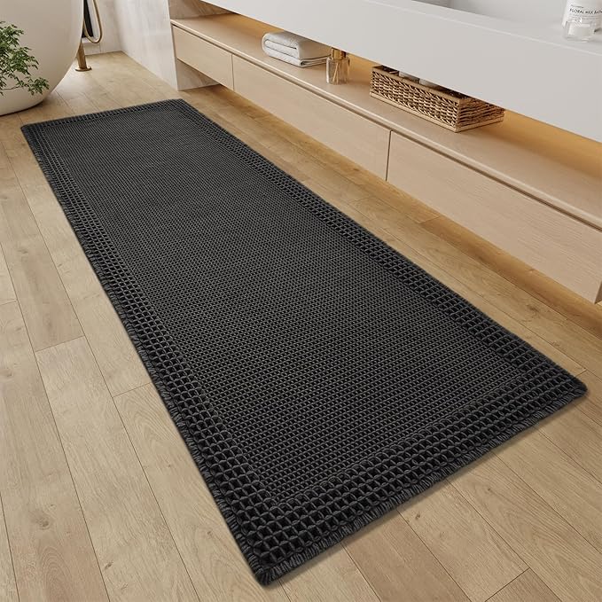 RESARE Waffle Bathroom Runner Rugs, Super Absorbent Bath Mat Non Slip Washable Quick Dry, Upgraded Ultra Soft Boho Bath Rugs with Tassels for Hallway Bedroom Laundry Room, 2'x6'(24"x72"), Black