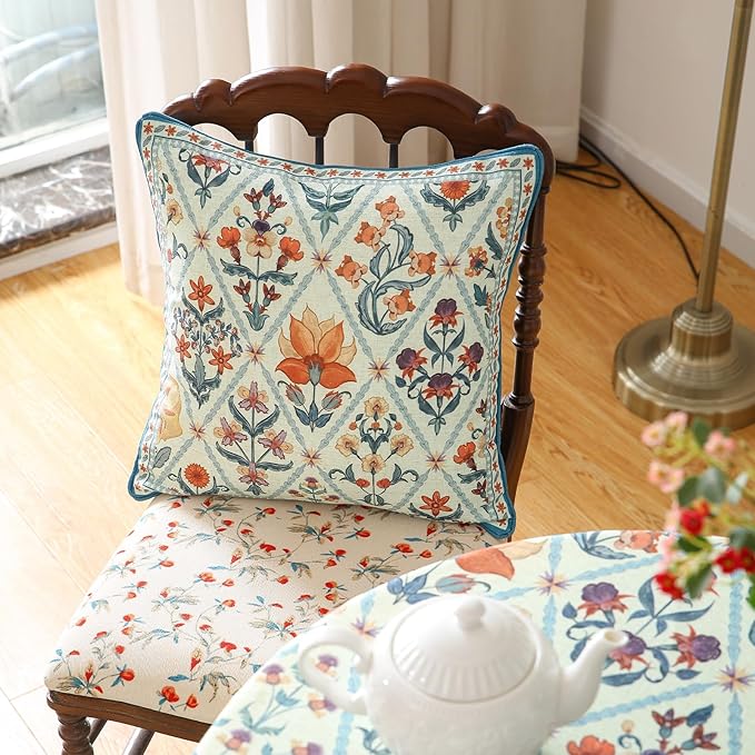 Design Square Linen Throw Pillow Covers 18"x18" Pack of 2, Blue Floral Country Cushion Covers with Colorful Wildflower Pattern Decor Pillowcases for Bed,Living Room,Outdoor,Car
