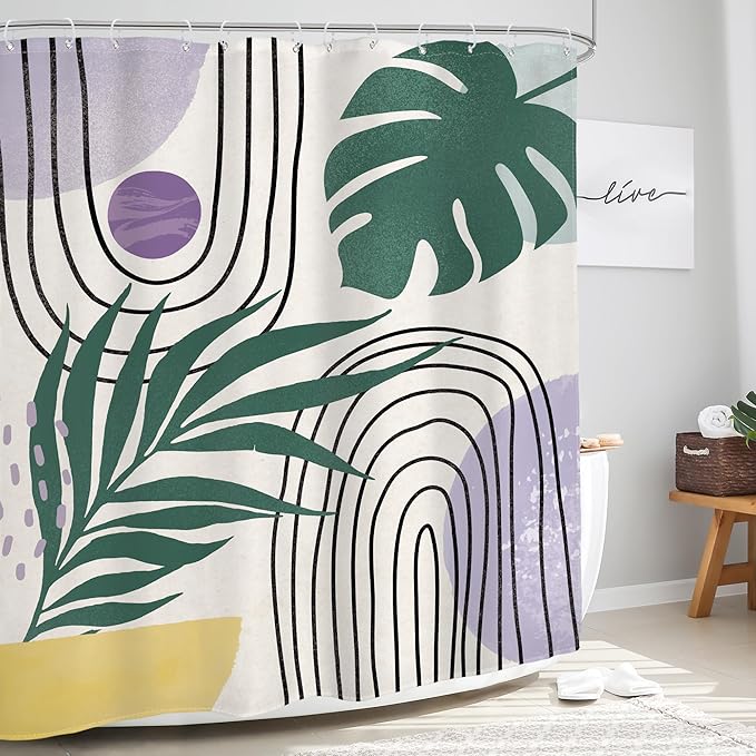 Glawry Boho Purple Shower Curtain Abstract Plant Tropical Palm Leaf Modern Minimalist Arch Geometric Bathroom Modern Mid Century 60Wx72L Inches Bath Accessories Art Home Decor Fabric 12 Pack Hook