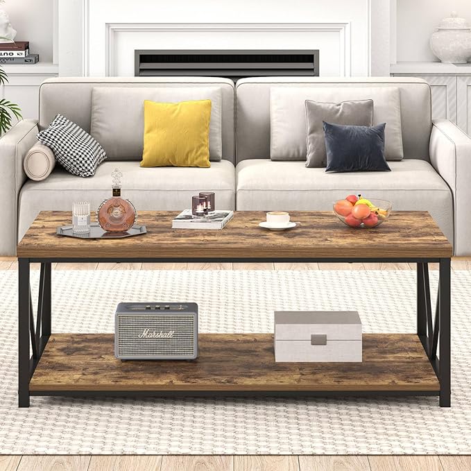 EXCEFUR Modern Coffee Table, Rustic Wood and Metal Living Room Table with Storage Shelf, Industrial Rectangle Center Table, 47 Inch Brown