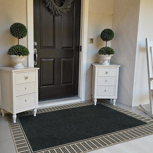 OJIA Easy Jute 3x5 Outdoor Rug Front Door Mats Washable Rugs for Entryway, Striped Border Black Rug Non-Slip Indoor Doormat Outdoor Porch Rug Farmhouse Area Rug for Outside Patio Living Room