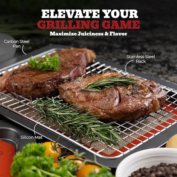 Trinity Provisions Meat Resting Pan - With Wire Rack and Silicone Baking Mat - Dishwasher and Oven Safe Stainless Steel, for Cooking and Cooling Steak, BBQ, Bacon, & More