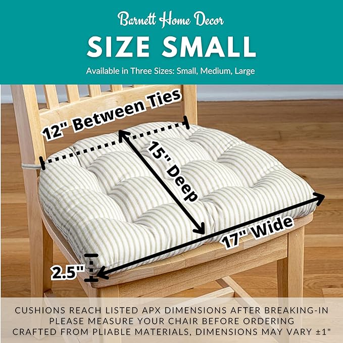 Barnett Home Decor Cotton Duck Natural Dining Chair Pad with Ties - 15 x 17 Size Small Chair Cushion - Latex Foam Fill - Machine Washable, Unbleached Cotton, Made in USA (Ivory/Small)