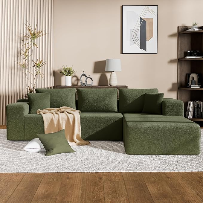 Cloud Wool Modular Sectional Sofa with Chaise, 106" L-Shaped Sofa Couch for Living Room, Deep Seat Plush Boneless Couches, Includes Pillows, Left Chaise, Green