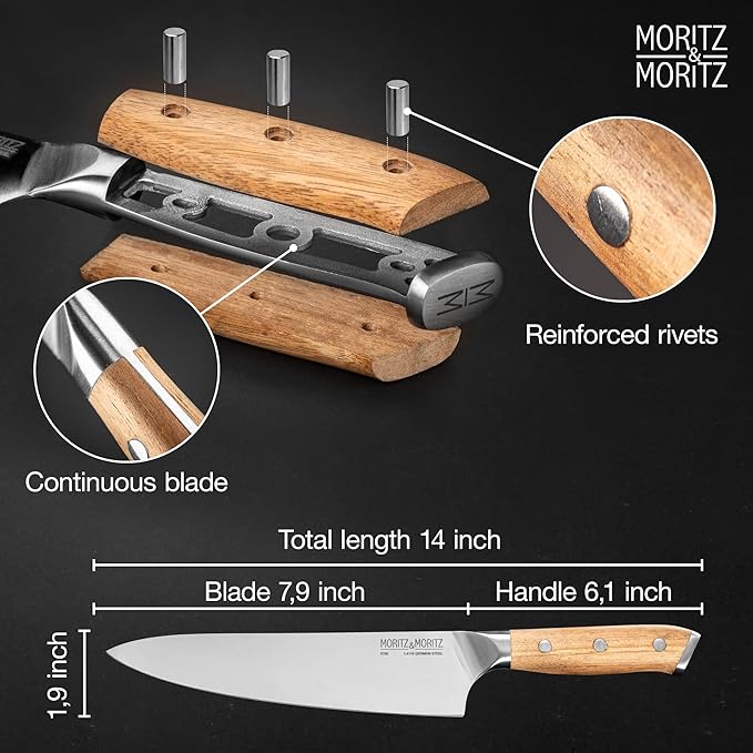 Moritz & Moritz 8-Inch Chef’s Knife, German Stainless Steel Kitchen Knife with Acacia Wood Handle, Professional All-Purpose knives for Slicing, Chopping & Dicing, Razor Sharp & Ergonomic