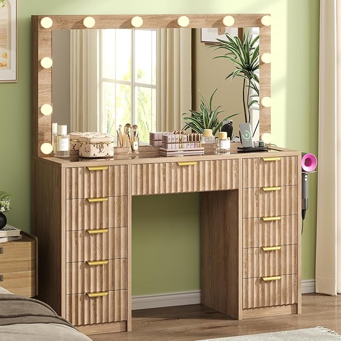 11 Drawers Fluted Vanity Desk with Glass Top, 47" Makeup Vanity with Large Mirror and 12 LED Lights, Dressing Table with Power Outlet for Bedroom, Natural