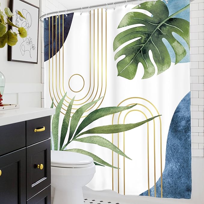 Glawry Extra Long Blue Green Shower Curtain Boho Mid Century Abstract Tropical Palm Leaf Modern Minimalist Plant Bathroom Geometric 72Wx84L Inches Bath Accessories Art Home Decor Fabric 12 Pack Hooks