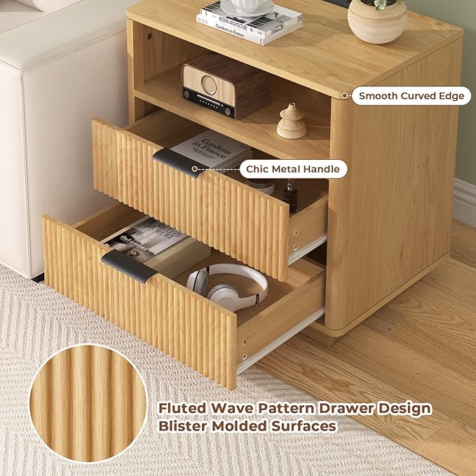 HOMMPA 24'' Fluted Nightstand with Charging Station, Modern Bedside Table with Storage, 2 Drawer Beside End Table with Open Shelf, Mid Century Modern Wood Night Stand for Bedroom, Living Room