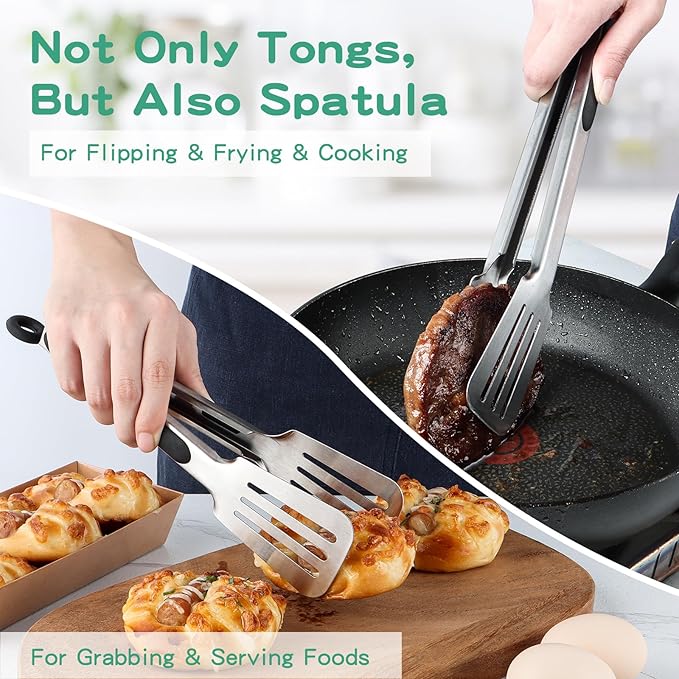Metal Tongs for Cooking, Set of 2 Stainless Steel Spatula Tongs for Grilling, Cooking and Flipping, Strong Grip for Ribs, Steak and Fish, Comfortable Grip, Easy Pull Lock, 9 inch & 12 inch