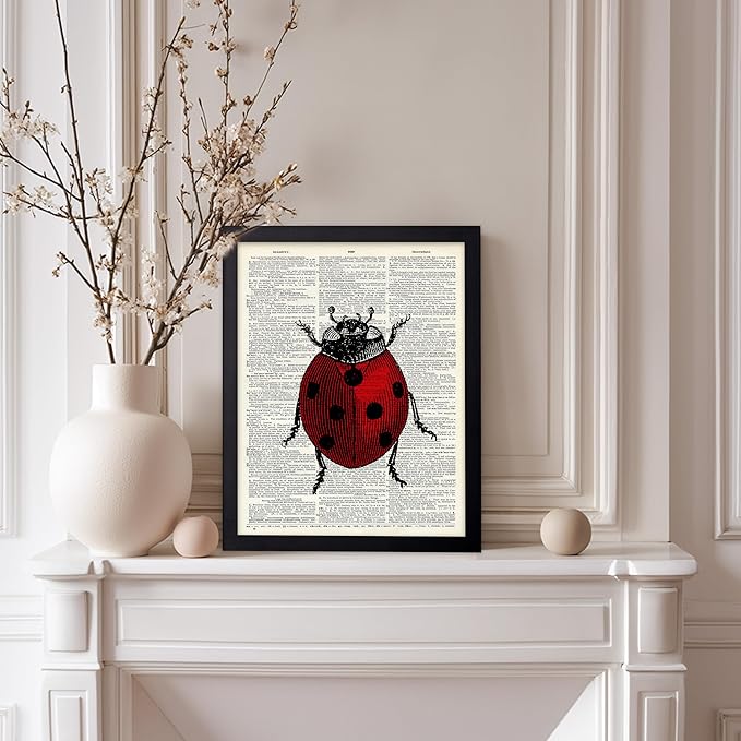 Poster Master Dictionary Art Poster - Retro Ladybug Print - Insect Art - Red Bug Art - Gift for Men, Women & Animal Lover - Minimal Decor for Living Room & Kid's Room, 8x10 Black Framed