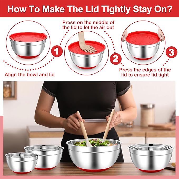 TeamFar Mixing Bowls, Red Mixing Bowls with Lids Set, Stainless Steel Nesting Salad Bowl with Air-tight Lid & Silicone Bottom, Non Slip & Stackable - Set of 6-4.6/2.6/2 / 1.5/1 / 0.7 Qt