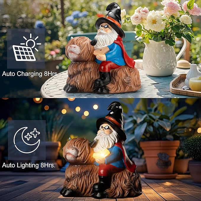 Highland Cow Solar Garden Gnome Outdoor Statue 8 Inch Funny Gnomes Decorations for Yard Lawn Patio Adorable Decor Birthday Gifts for Women Mom Grandma
