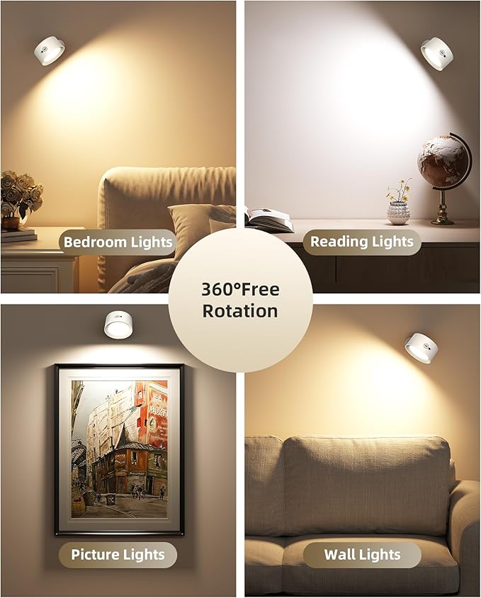 LED Wall Mounted Lights, Rechargeable Wall Sconces Lamp, 3 Color Temps & Remote and Touch, 360°Rotation Dimmable Cordless Wall Light for Study Bedroom Reading Bedside(White, 1 Pack)