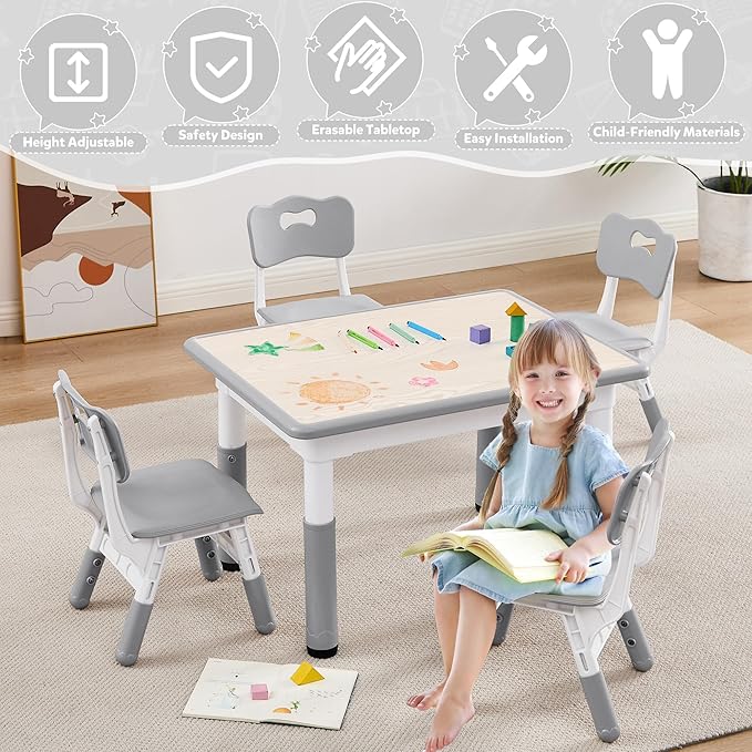 Adjustable Kids Table Chairs Set – Graffiti Desktop, Multi-Activity Height-Adjustable Toddler Study Desk for Ages 3-8 – Ideal for Home, Classroom, Daycare (W-Gray, 4 Chairs-31.5" L x 23.6" W)
