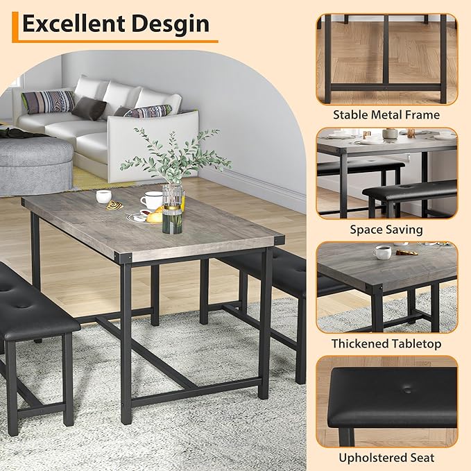 Dining Table Set for 4, Dining Room Table Set with 2 Upholstered Benches, Small Kitchen Table Set, 3 Piece Farmhouse Rectangular Dining Room Table Set, Space Saving Dining Table for Apartment