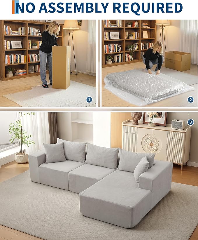 108" Modular Sectional Sofa,Cloud Couch Sectional with Right Chaise | Fluffy Compressed l Shaped Sofa for Living Room | Boneless Couch & Sofa Bed Design,No Assembly Required, Beige