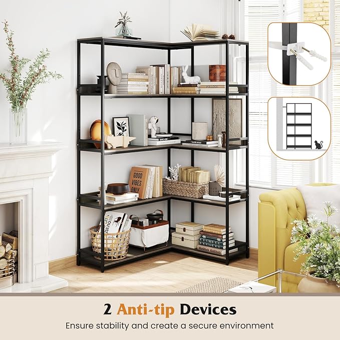 Tangkula Large Corner Bookshelf, 90 Degrees 5-Tier Industrial Wood Open Corner Bookcase for Small Spaces, Heavy-Duty Metal Frame, 71”H L-Shaped Storage Display Rack for Living Room (Oak)