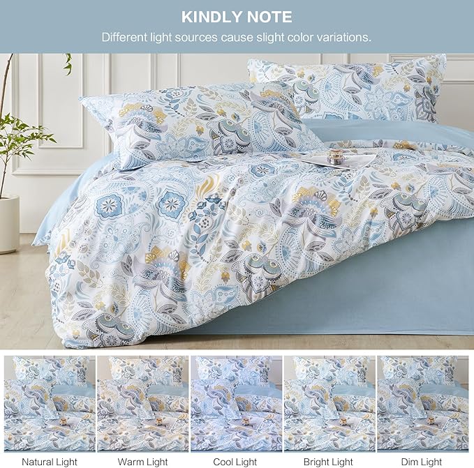 SAPHREAS Blue Floral Duvet Cover King Size Geometric Pattern Botanical Blossom Bedding Comforter Cover Set 100% Cotton 1 Duvet Cover 2 Pillow Shams, Comforter Not Included