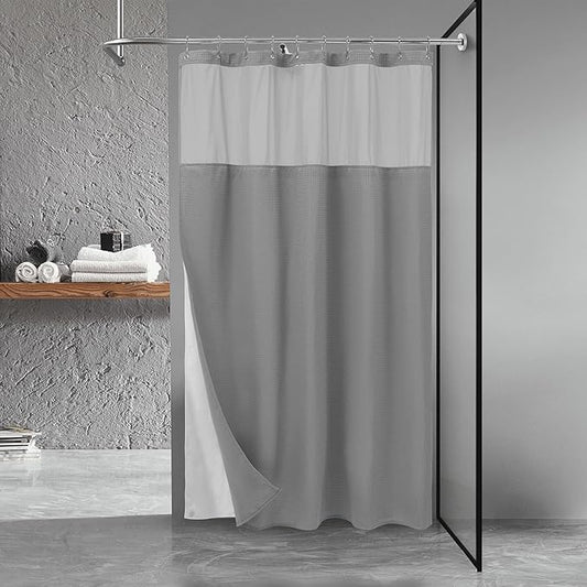 N&Y HOME Stall Waffle Shower Curtain with Snap-in Fabric Liner & Hooks Set - 54" x 78" Shower Stall Size, Hotel Style & Mesh Top Window, Machine Washable - 54x78, Gray